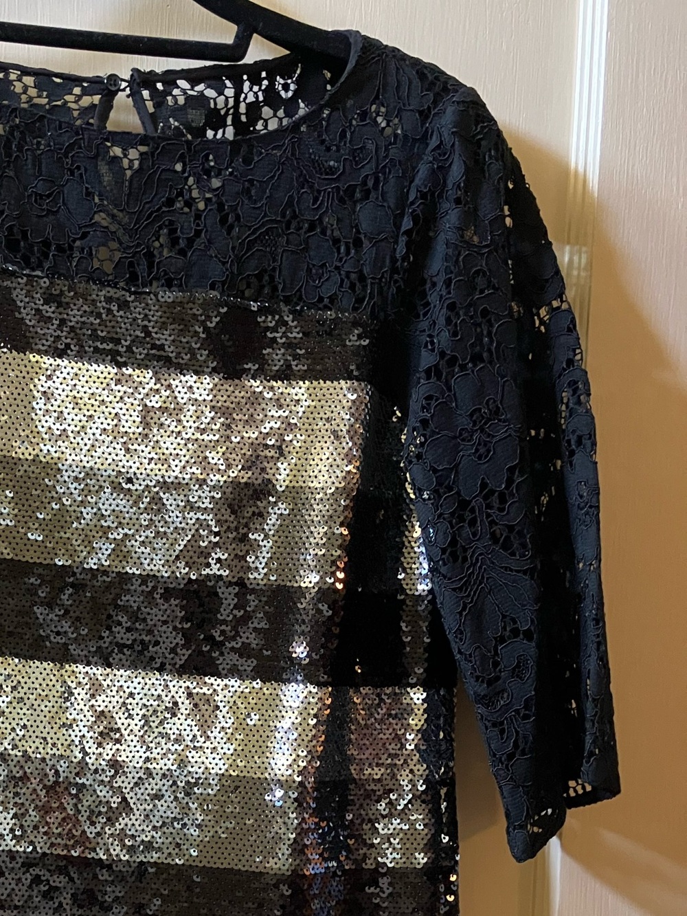 Sachin + Babi Black Lace Top with Gold and Black Sequin Stripes
